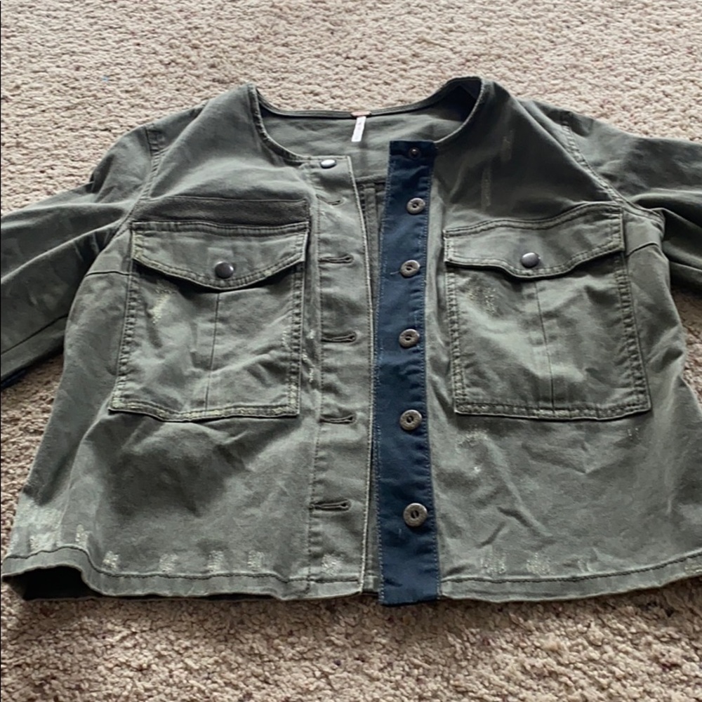 Free People Distressed/Patched Green Cargo Jacket